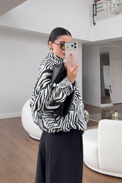 NET OF NOT New Season Stand Collar Zebra Patterned Bomber Coat Jacket