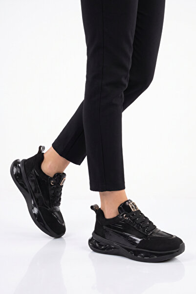 AYAKMOD Black Leather Laced Thick Comfortable Sole Women's Casual Walking Sho...