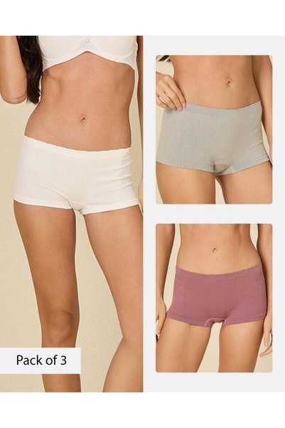 REDTAG Women Assorted Ribbed Boyleg Briefs Pack of 3
