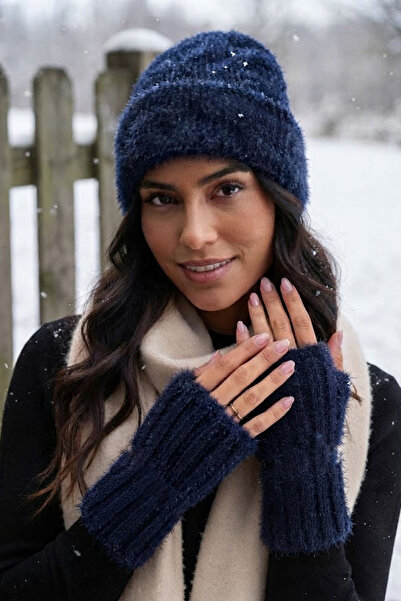Ritagarcia Women's Plush Furry Ribbed Beanie and Fingerless Gloves Set