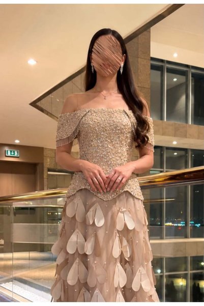 BAKLAFASHO Off-Shoulder Long Evening Dress with Embroidered Bodice and Embossed Petal Skirt - Champagne Beige