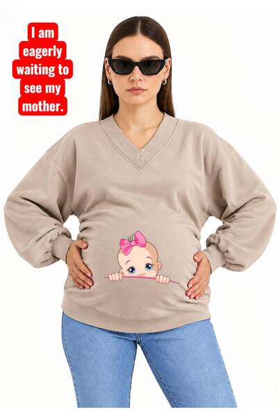 HELLO ROMA 3 Yarn Combed Cotton Printed Maternity V-Neck Sweatshirt Jr1