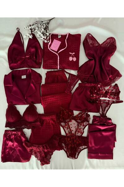 MH Moony Homewears Boxed 15 Piece Burgundy Nazar Pajamas, Dressing Gown, Unde...