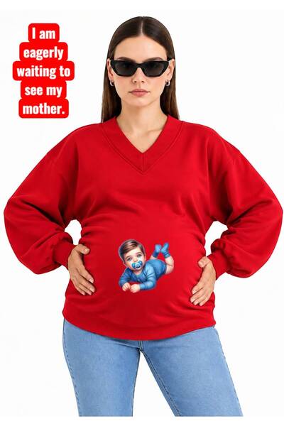 HELLO ROMA 3 Yarn Combed Cotton Printed Pregnant Women's V-Neck Sweatshirt Jr5