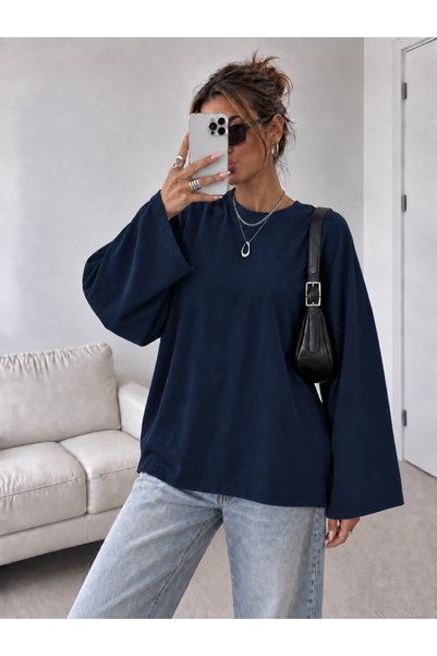 ÖZ PAMUK Women's Soft Crew Neck Oversized Cotton Inside Long Wide Sleeve Sweatshirt