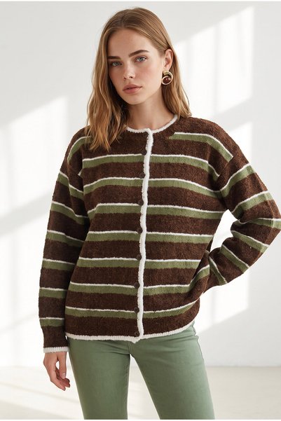 Olalook Women's Coffee Khaki Striped Soft Textured Cardigan Hrk-19000509