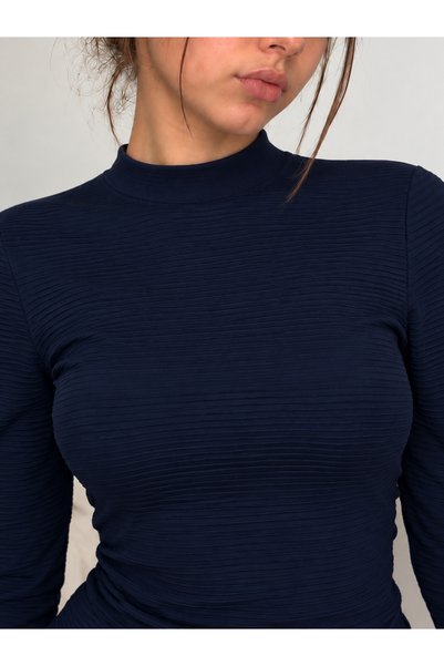 by elmoda Women's Navy Blue Ribbed High Neck Slim Fit Long Sleeve Blouse