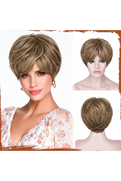 Dotail Perucă scurtă de damă, tunsoare pixie, 23 cm, densitate 180%, rezistentă la căldură, păr sintetic, blond miere