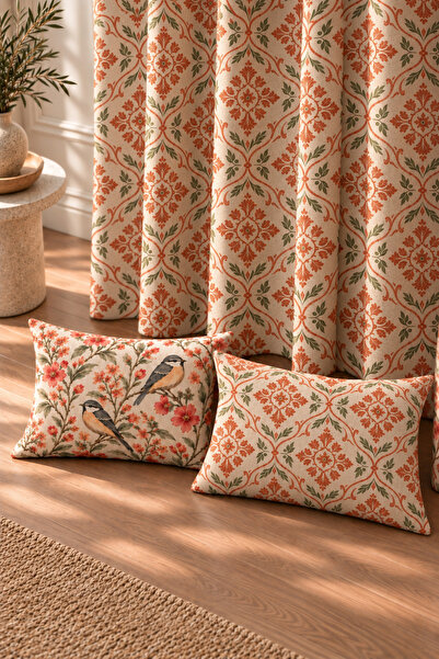 SasoHome Terracotta Melody Damask & Botanik Desenli Dekoratif Fon Perde | Terracotta Krem Vintage Salon Perdesi
