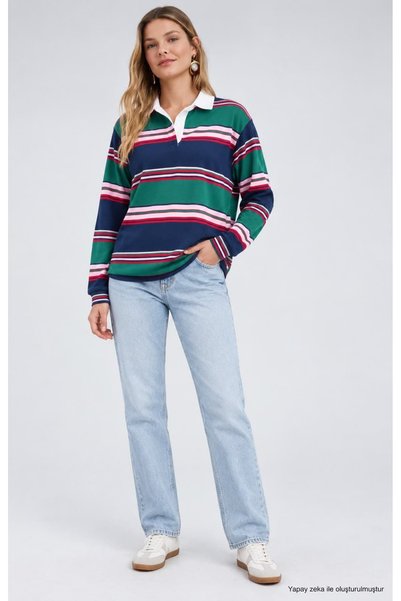 Serpirella Butik Polo Collar Striped Thin Sweatshirt