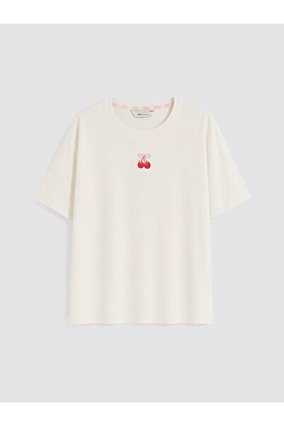 LC Waikiki قميص نوم نسائي بأكمام قصيرة مطبوع من القطن الممشط باللون الوردي من...