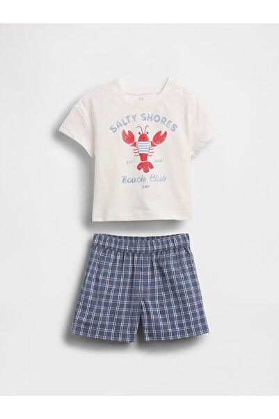 GAP Bebek Beyaz Lobster Grafik Baskılı T-Shirt & Şort Ekose Seti
