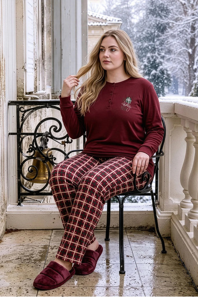 ANGELİNA Women's Burgundy Square Pattern Long Sleeve Thermal Soft Fabric Winter Warm Pajama Set