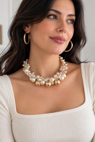 Urban Aksesuar Stylish Women's Necklace with Pearl and Gold Yellow Bead Detail