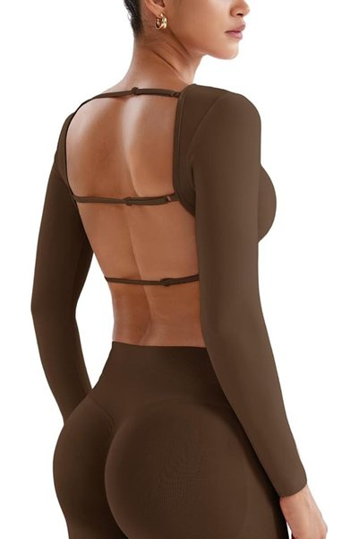 GENERAL YEOREO Women's Backless Long Sleeve Adjustable Straps Seamless Crop T...