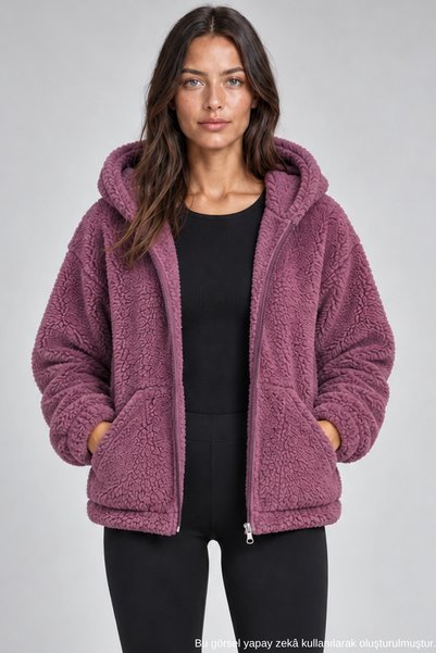 Freemen Kadın Mürdüm Oversize Kapüşonlu Fermuarlı Cepli Peluş Sweatshirt