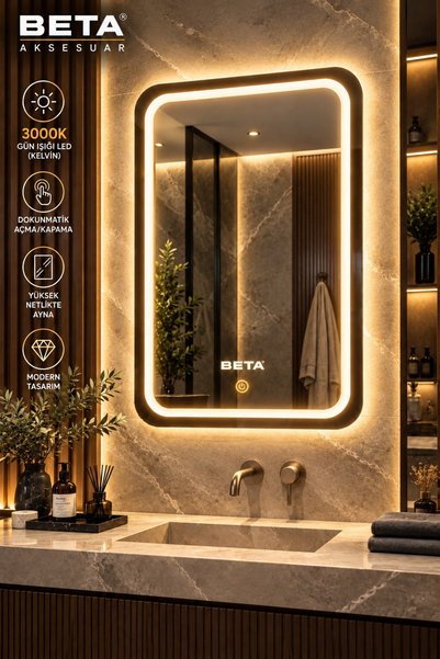 Beta Aksesuar 100X55 DOKUNMATİK LEDLİ KUMLAMALI DEKORATİF AYNA SALON HOL KORİDOR BANYO AYNASI