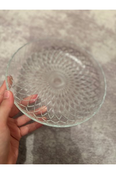 22 cm Modern Desenli Şeffaf Cam Servis ve Sunum Tabağı - Çeyizlik Şık Çukur Tabak