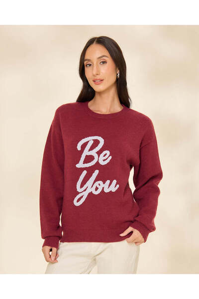 REDTAG Women Burgundy Printed Round Neck Long Sleeve Sweater