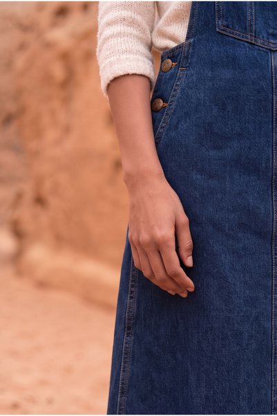 poupee Kot Jile Salopet, Denim Elbise, Kot Elbise, Poupée Women's Blue Denim Salopet Dress with Pockets A-Line Midi Length