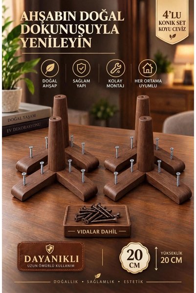 LEGORA WOOD DESIGN 20 cm Konik (Koyu Ceviz 4'Lü Set) Ahşap Mobilya Ayağı 1. S...