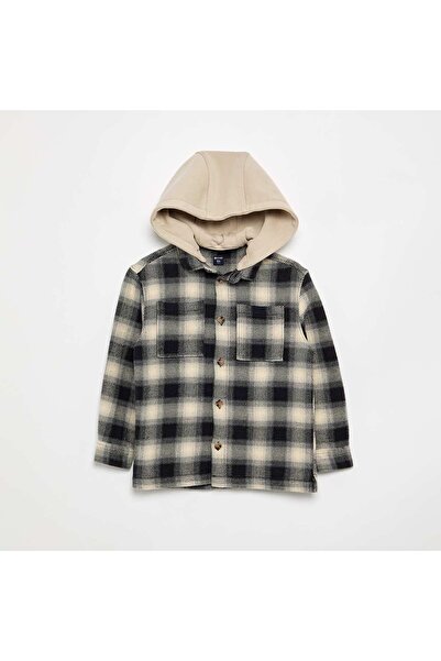 KIABI Plaid Flannel Hooded Shirt White