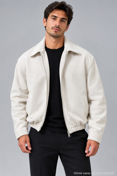 QUHOX Erkek Süet Bomber Ceket - Ekru