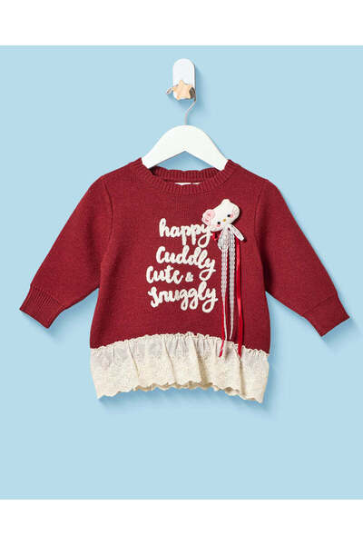 REDTAG Infant Girls Burgundy Lace-Hem Pullover