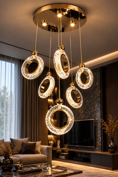 Nova Crystal NOVA IŞIL 5+1 Özel Döküm Cam Gold 3 Renk LED Modern Sarkıt Avize