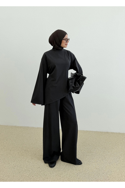 MODA AKSA 9203 ASİMETRİK BLUZ PANTL TAKIM SİYAH
