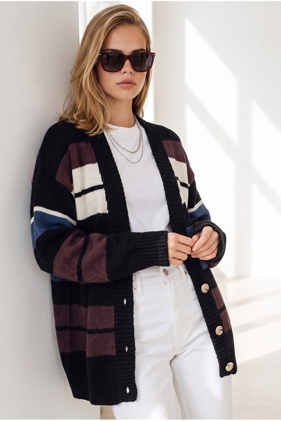 Olalook Women's Black Thick Striped Oversize Knitwear Cardigan Hrk-19000507