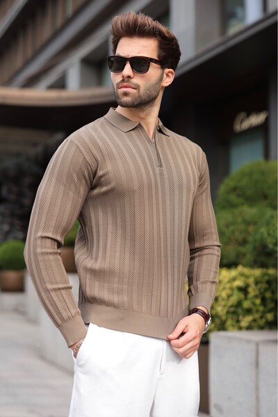 Madmext Hellbrauner, strukturierter Herren-Strickpullover mit Reißverschluss ...