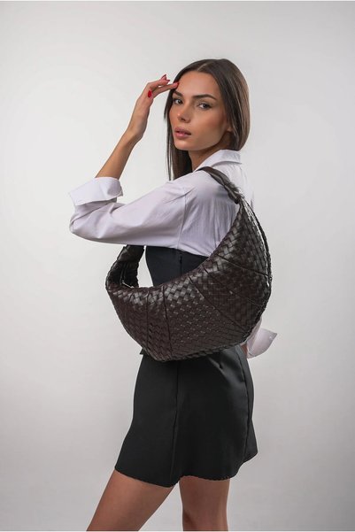 ÇÇS Geantă de umăr pentru femei, cu mâner cu noduri, cu model tricotat, elegantă, casual, tip hobo, maro 18315