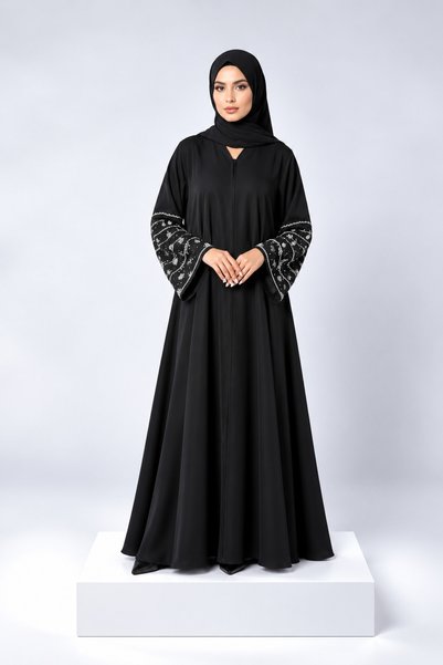 Ophelia Sabrina Black Abaya – Elegant Silver Hand-Embellished Stone Sleeves