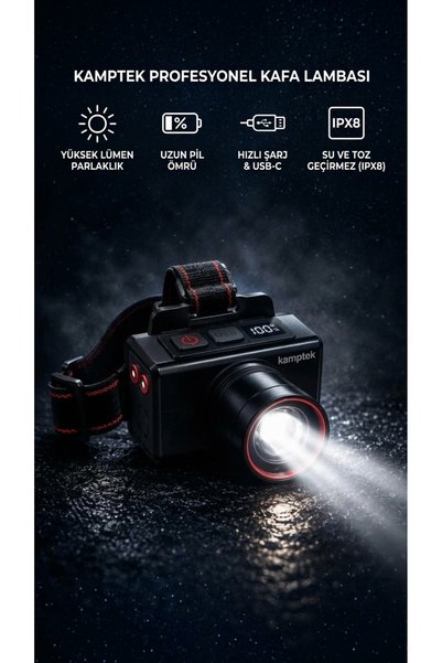kamptek kamp teknolojisi Profesyonel Led Kafa Lambası - Şarjlı Avcı Kamcı Baş Feneri IPX8 Su Geçirmez High Lumen Tesisatçı Kamp Balıkçı Usta Kafa Lambası Acil Durum Lambası