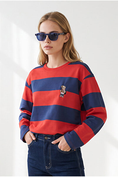 Olalook Kadın Bordo Lacivert Ayıcık Nakışlı Kalın Şeritli Sweatshirt SWT-19000808
