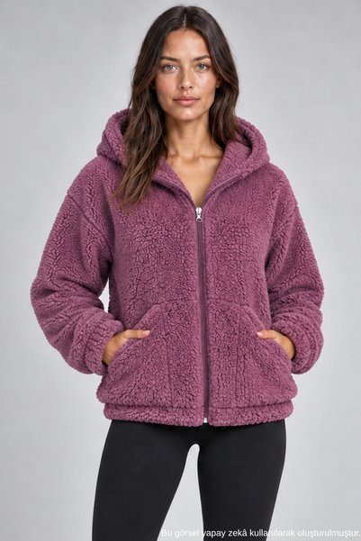 Freemen Kadın Mürdüm Oversize Kapüşonlu Fermuarlı Cepli Peluş Sweatshirt