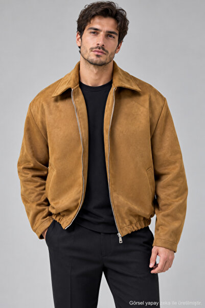 QUHOX Erkek Süet Bomber Ceket - Camel