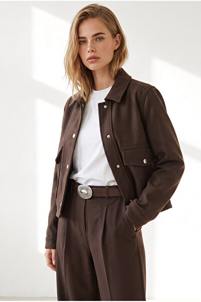 Olalook Women's Brown Unlined Crop Cashmere Jacket with Pockets Ckt-19000545