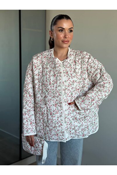 ROUPAS COLLECTİON Çiçek Desenli Mevsimlik Ceket Çanta Aksesuarlı