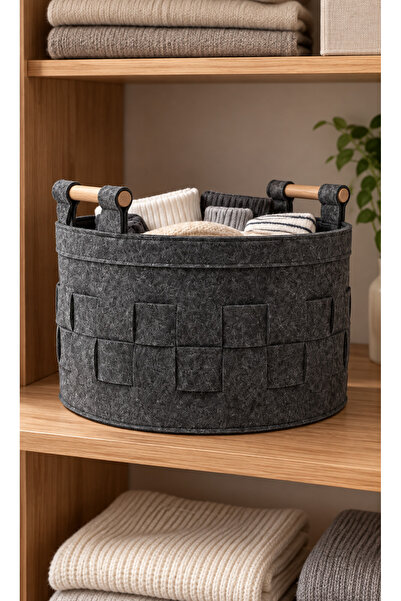 Faiend Gray Felt Basket with Wooden Handles and Knitted Detail – Multi-Purpos...