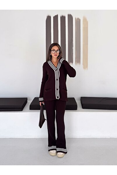 Noi Belis Women's Contrast Line Detailed Buttoned Cardigan and Spanish Leg Tr...
