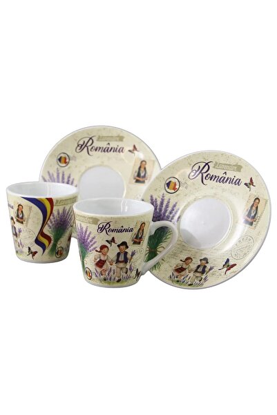 OEM Set de 2 căni cu farfurioare, cu tematica „România” și lavandă – Cadou su...