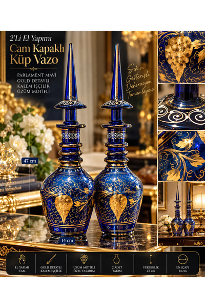 Atak Hediyelik 2’li El Yapımı Parlament Mavi Cam Kapaklı Küp Vazo – Gold Kale...