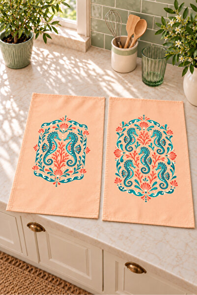 Evmila Seahorse Coral Seahorse Patterned 2-Piece Kitchen Towel Set 35X55