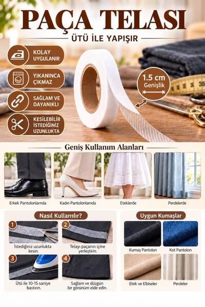 ESTEKS DANTEL Paça Telası 1,5cm Eninde 5 metre, Dikişsiz Tadilat Telası, Çift Taraflı Yapışkan Şerit Tela
