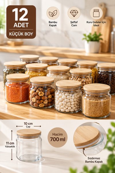 MAKRİ HOME Set of 12 Glass Jars with Bamboo Lids, 700 ml