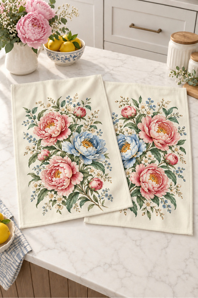 milbaygrup Rose Sonata Pink Blue Floral Patterned 2-Piece Kitchen Towel Set 35X55