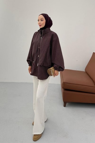 fushya design Ekose Desenli Fermuarlı Katmanlı Mont