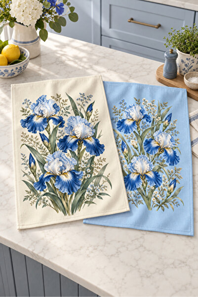 Evmila Iris Blue Iris Patterned 2-Piece Kitchen Towel Set 35X55